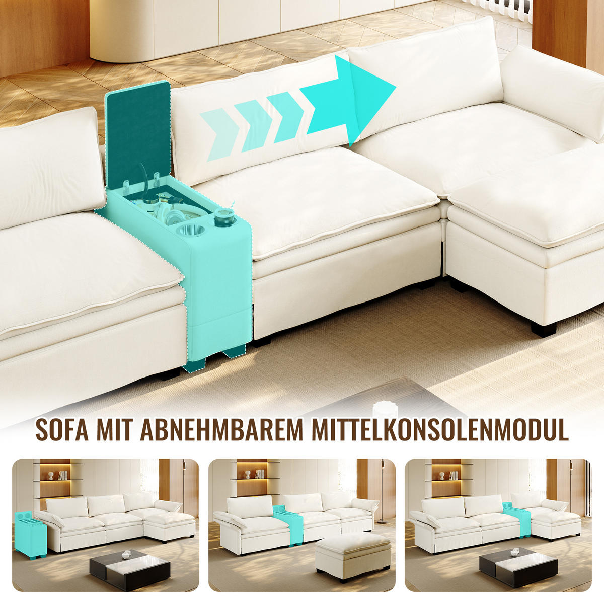 ECKSOFA 315/70/85 cm Beige mit Fußhocker, kabelloses Laden, Lautsprecher, Licht und 2 Getränkehalter - Beige, Textil (315/70cm) - Oxeza