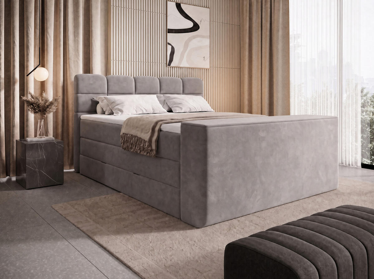 BOXSPRINGBETT Carenzo 3 Hellgrau 160/200 cm H3/H4 Samt inkl. Topper und TV-Lift - Hellgrau, Textil (160/200cm) - wonello