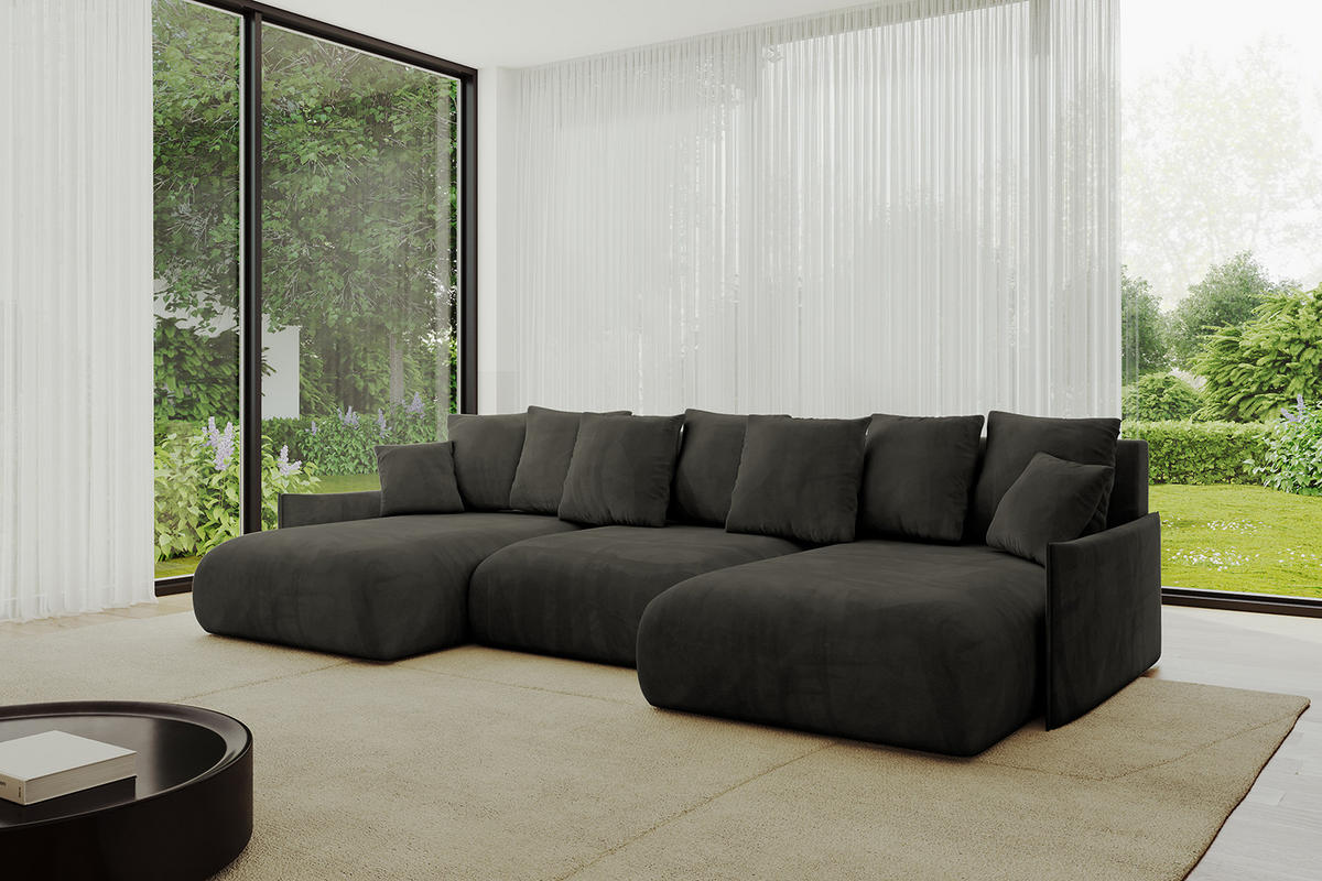 WOHNLANDSCHAFT mit Schlaffunktion und Bettkasten ONESK-U-v1 304x165x40 Schwarz Velours - Schwarz, Holzwerkstoff/Kunststoff (304/90/165cm) - ALTDECOR