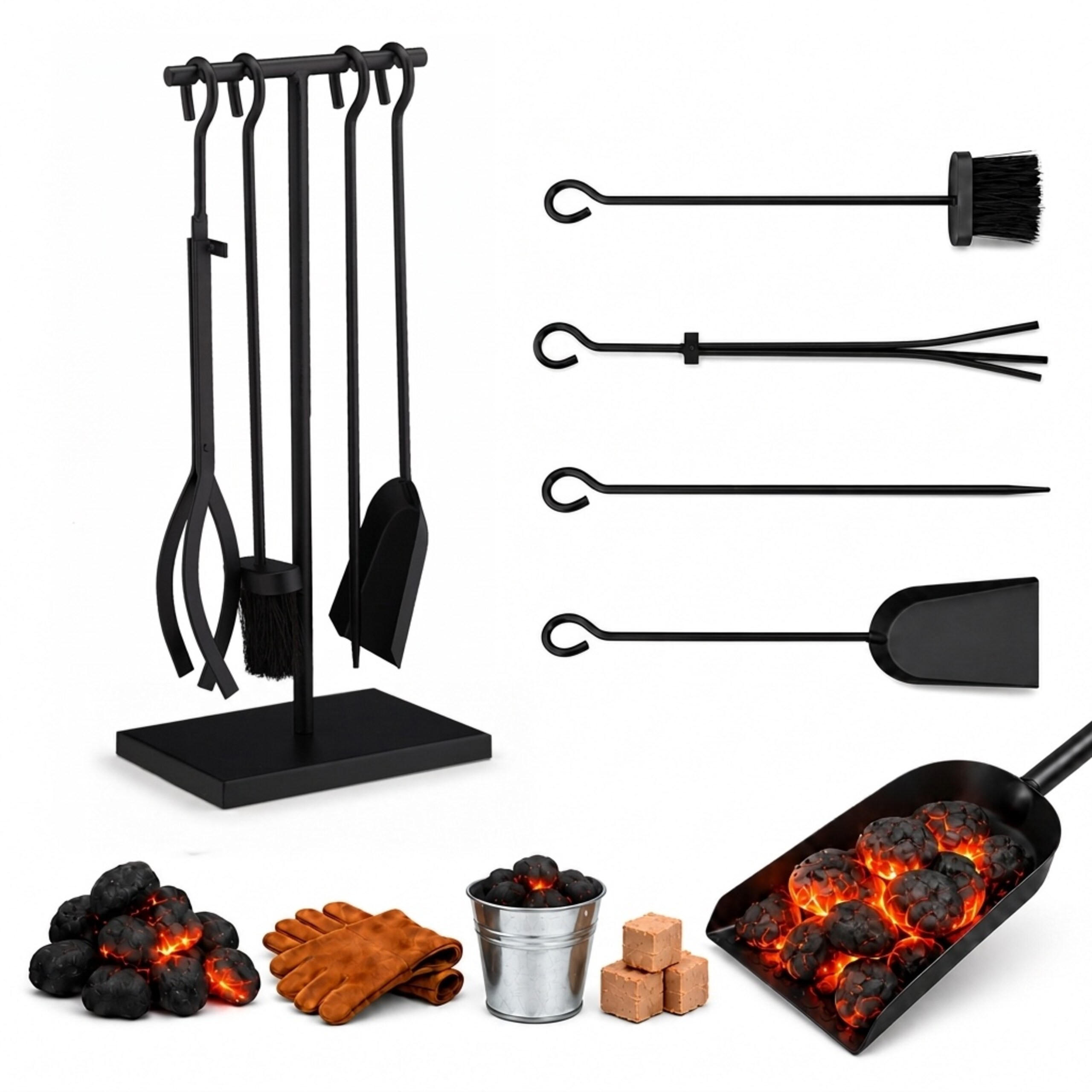 KAMINSET Crna 5-dijelni-Set čelik sa stalkom - crna, metal (25/57/18cm) - Relaxdays
