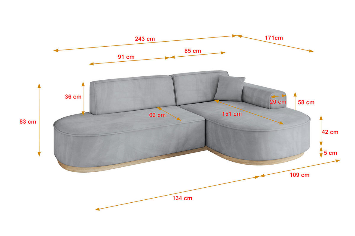 ECKSOFA Ottomane Rechts MARI-L1-v1 - 243x171x83 cm Grau Velours - Grau, Holzwerkstoff/Textil (171/243cm) - ALTDECOR