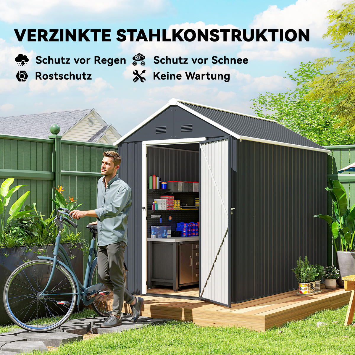 GERÄTEHAUS Stahl 4㎡ Geräteschuppen mit Fenster Gartenhaus 259x172x222 cm - Dunkelgrau, Metall (172/222/259cm) - Outsunny