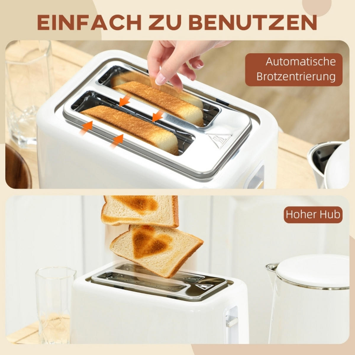 WASSERKOCHER-TOASTER Toaster Set 2200W 1,5L Weiß 21,5/15,5/25,1 cm - Weiß, Kunststoff (15.5/25.1/21.5cm) - Rolipo