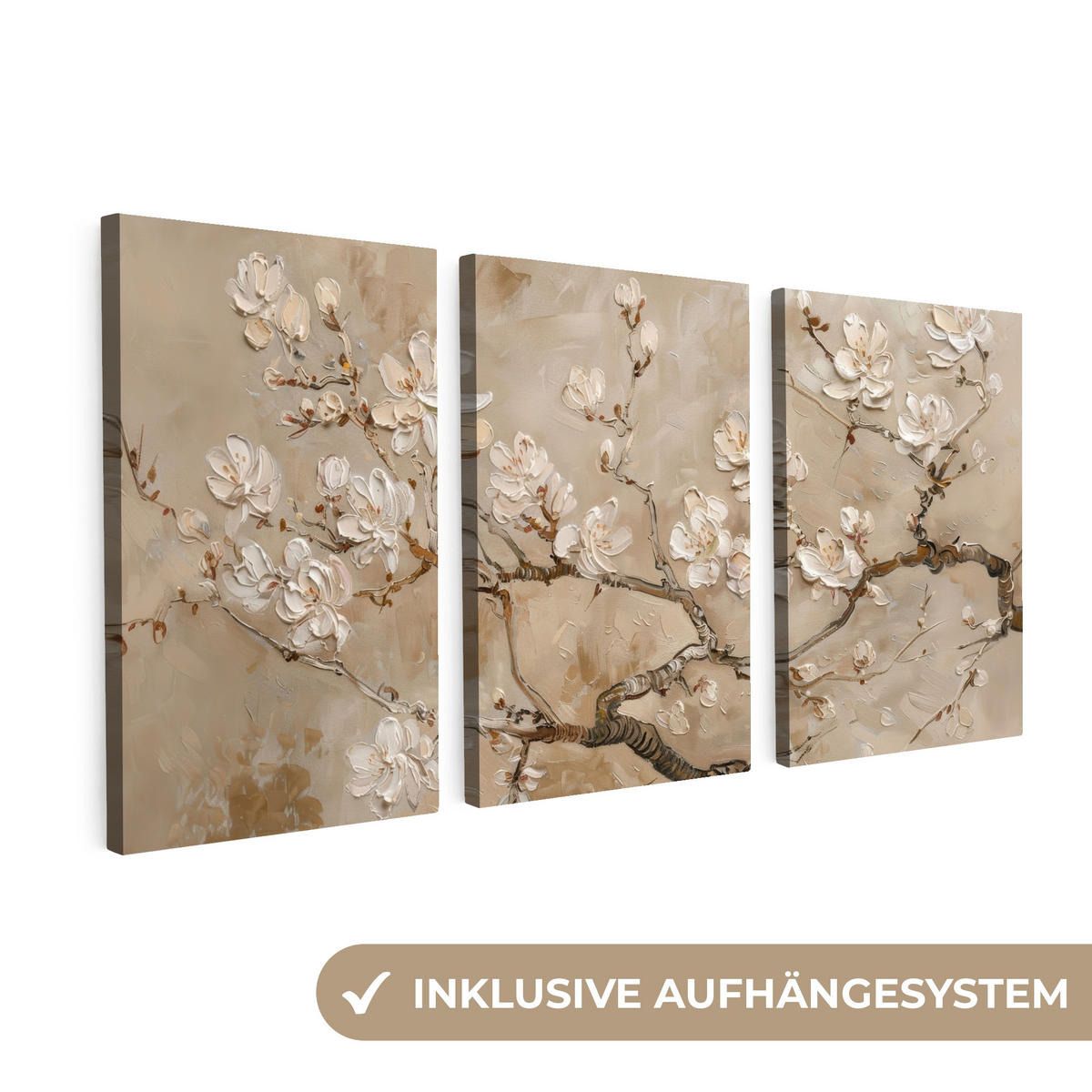 LEINWANDBILD 3er Set Beige - Blüte - Modern 240x120 cm - Greige, Textil (240/120cm) - MuchoWow