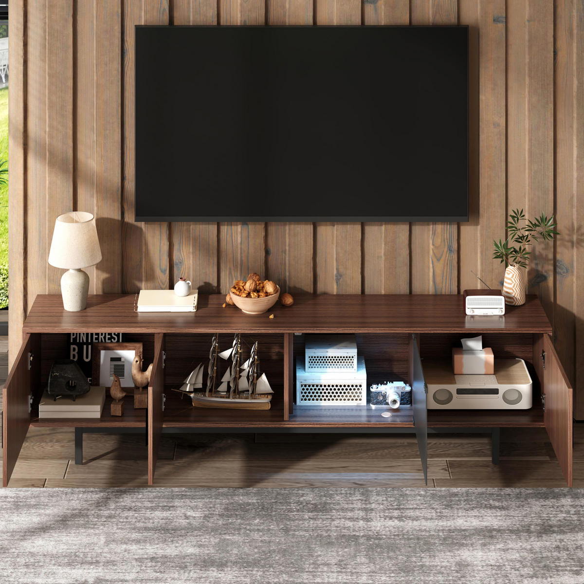 TV-LOWBOARD 200/35/53 cm mit LED-Beleuchtung und Glaselementen - Schwarz, Holzwerkstoff (200/53/35cm) - BEAOK