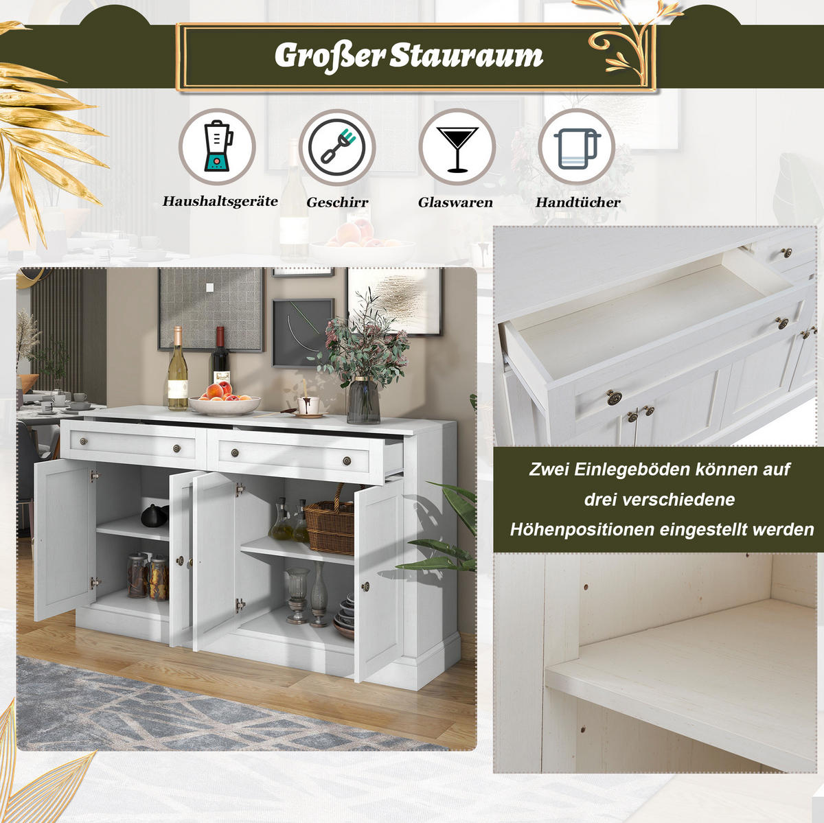 SIDEBOARD 150/40/86 cm Antikweiß aus Spanplatte mit 4 Türen und 2 Schubladen - Weiß, Holzwerkstoff (40/86/150cm) - OKMYHOME