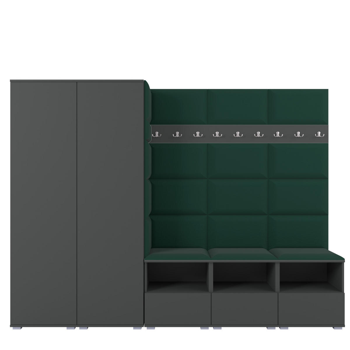 GARDEROBE NELA VII 250 cm (Modulare Flurmöbel XL Graphit mit Sitzpolster Flaschengrün 28 2 Schränke) - Dunkelgrün/Silberfarben, Holz/Holzwerkstoff (250/187/40cm) - Ravio