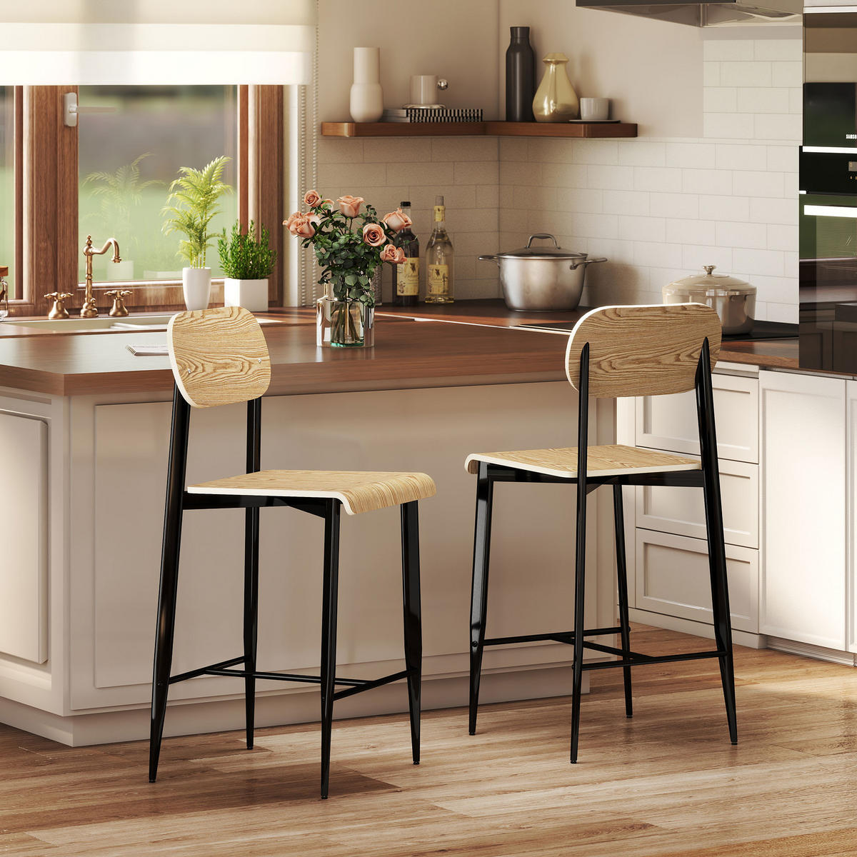 BARHOCKER 2er Set, Barstuhl mit Metallgestell, Küchenstuhl mit Sitzhöhe 66 cm - Naturfarben, Metall (43/103/55cm) - HOMCOM
