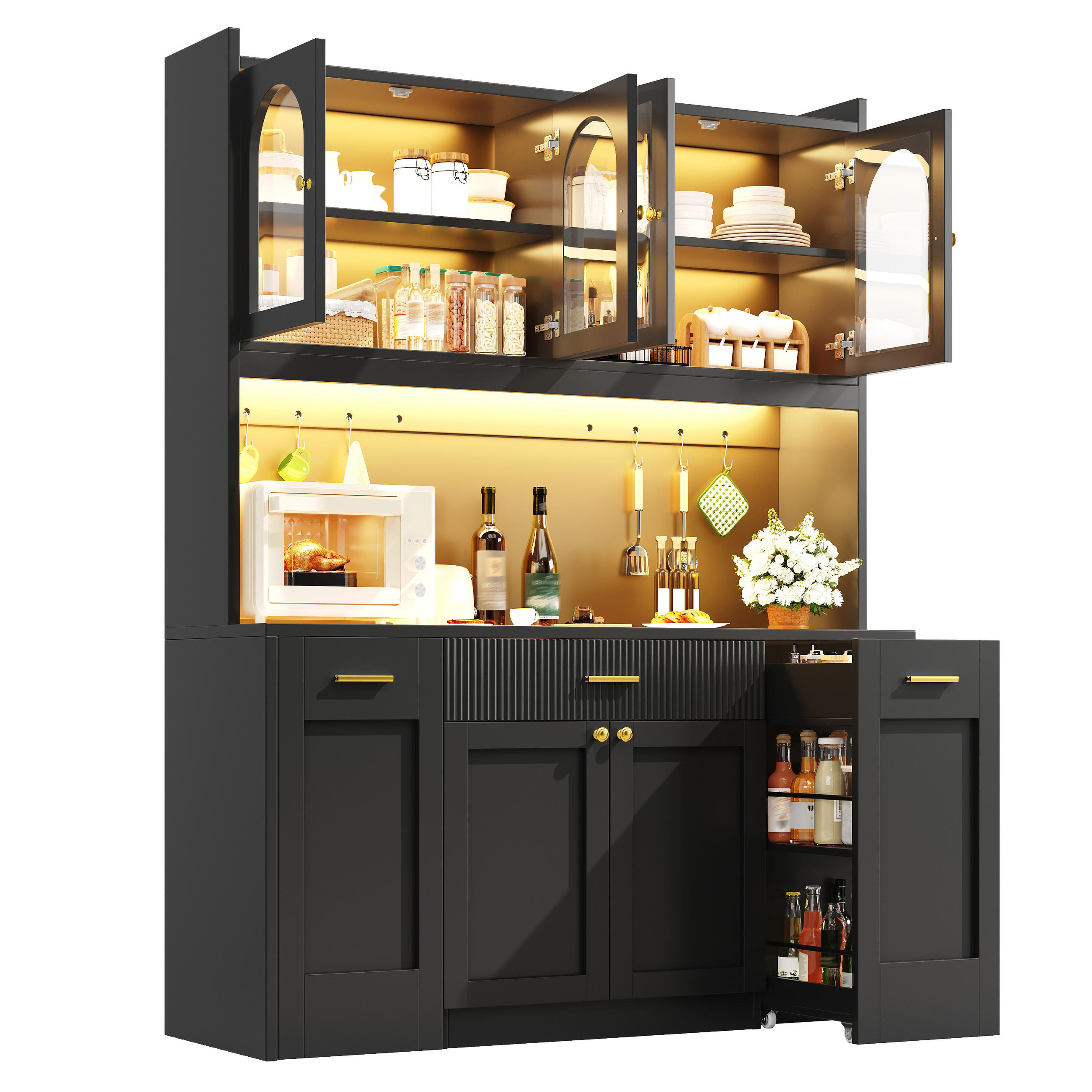 HIGHBOARD Schwarz 120×40×187 cm mit RGB-LED und Glasvitrinen aus Holzwerkstoff - Schwarz, Holzwerkstoff (120/187/40cm) - Luhomfu