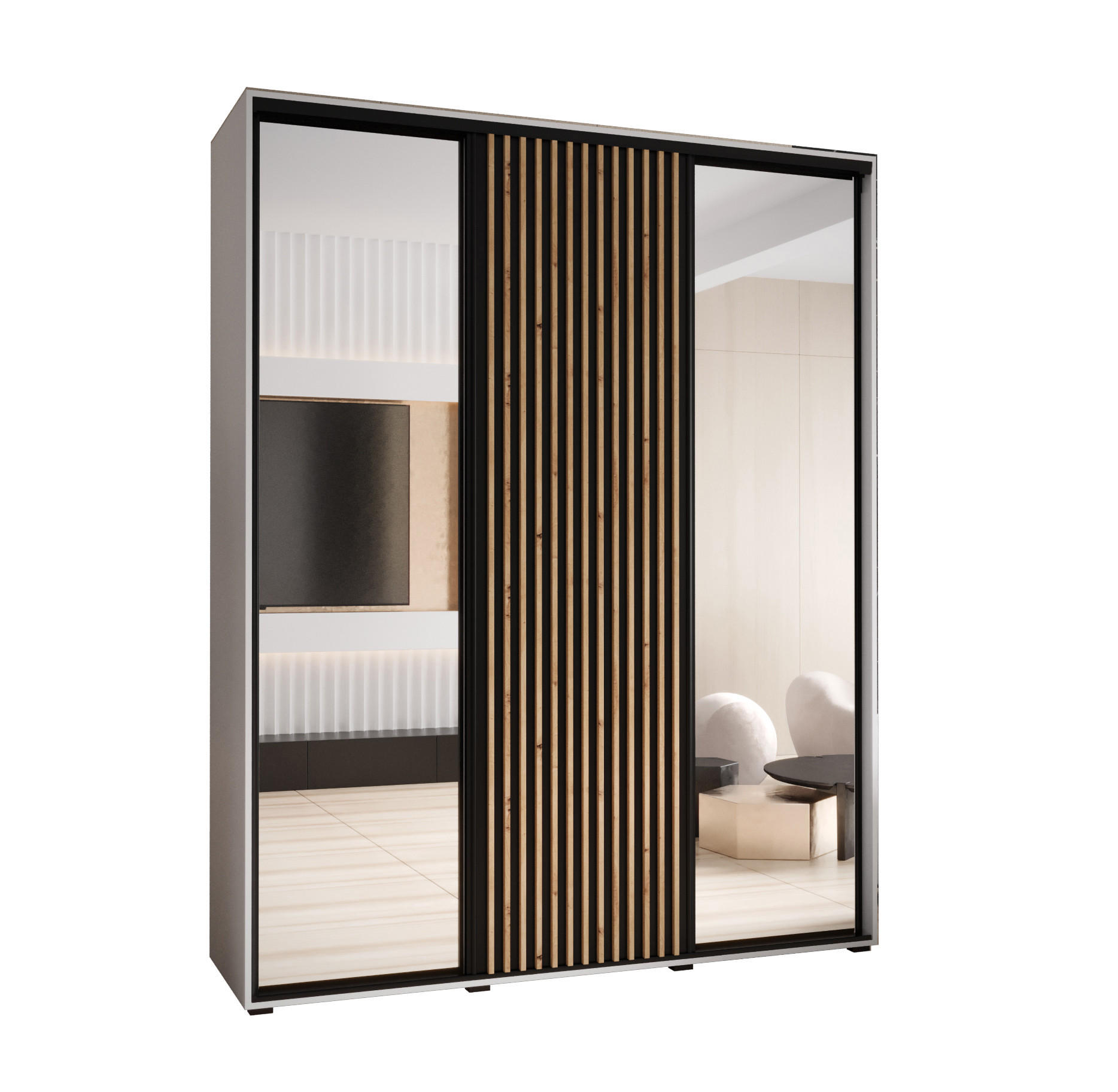 Abiks Möbel Schwebetürenschrank Weiß, Schwarz, Eiche Artisan 200x235x45 cm