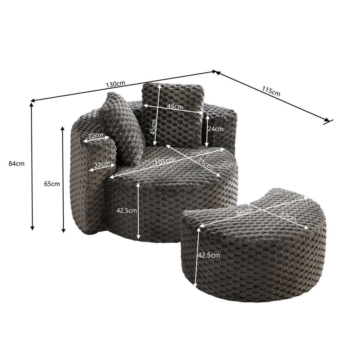 SESSEL 130/115/103 cm mit Hocker, 360°-Fassdesign, Stoffbezug und ohne Montage, Dunkelgrau - Dunkelgrau, Textil (116/65/129cm) - Redom