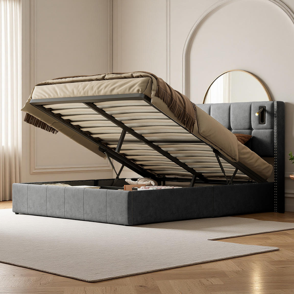 POLSTERBETT 140x200 cm USB Typ C Stauraum Lattenrost grau - Grau, Holz (140/200cm) - LEBENLANG