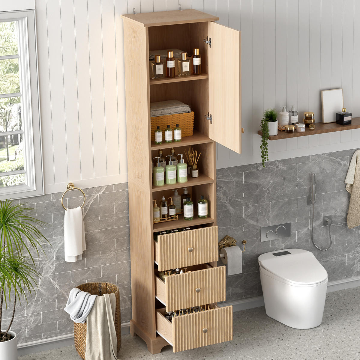 BADEZIMMER-HOCHSCHRANK 40x30x172 cm Natur aus Holzwerkstoff mit Schubladen & Soft-Close - Naturfarben, Holzwerkstoff (40/172/30cm) - Modfu