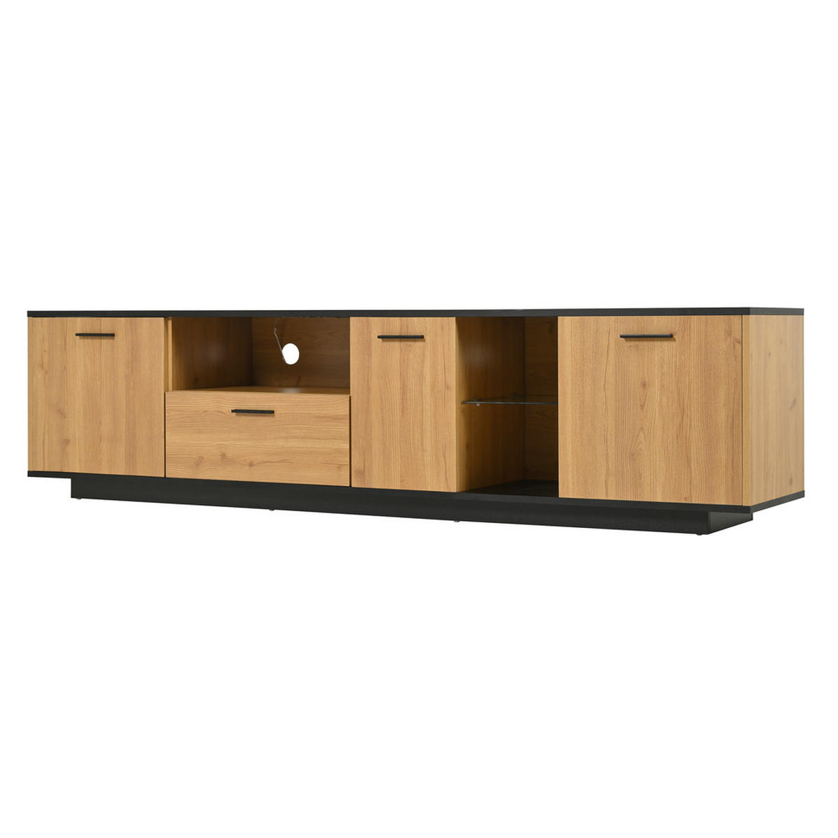 TV-SCHRANK Lowboard 1 Schublade 3 Türen LED-Beleuchtung Schwarz Natur - Schwarz, Holz (43/21/53cm) - FLIEKS