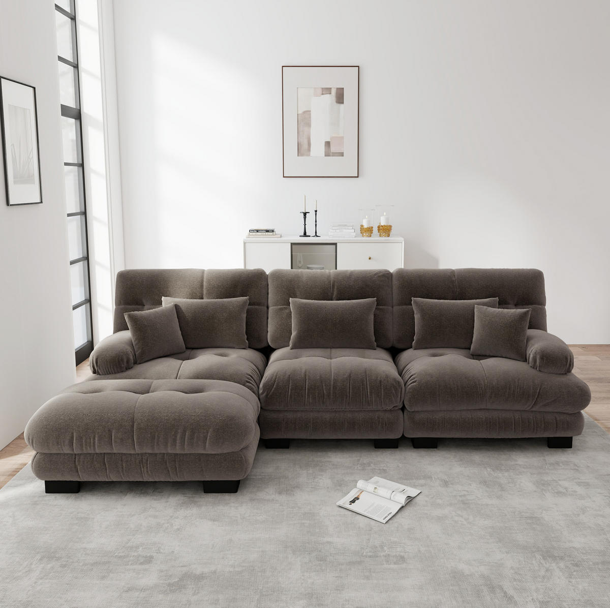ECKSOFA 313/145/81 cm braun aus Chenille modular mit Ottomanen - Braun, Textil (145/313cm) - OKWISH