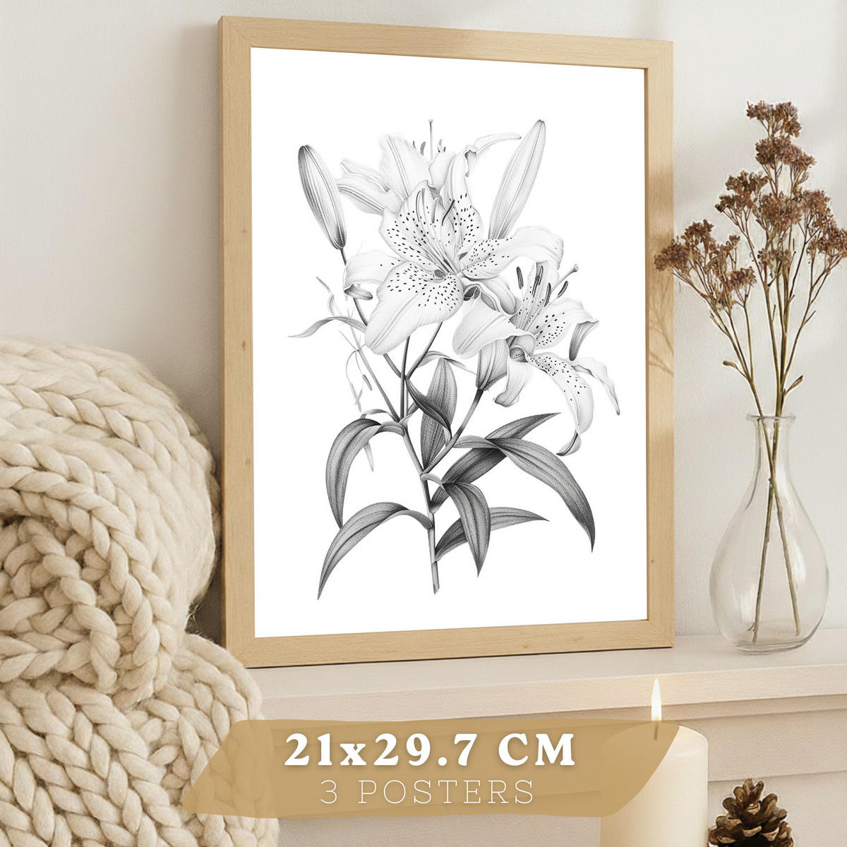 PLAKAT Sada 3 obrázků květin. Dekorativní nástěnné tisky Květiny tužkou. botanický plakát na zeď. Černobílé květinové malby.Velikost A4 bez rámu - čirá, papír (29.7/42/3cm)