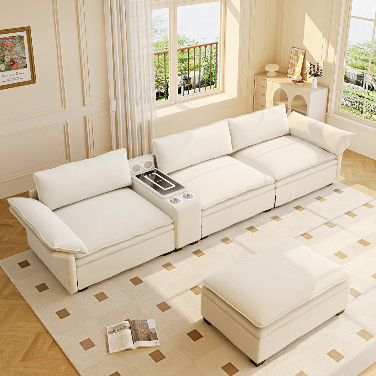 ECKSOFA 315/70/85 cm Beige mit Fußhocker, kabelloses Laden, Lautsprecher, Licht und 2 Getränkehalter - Beige, Textil (315/70cm) - Oxeza