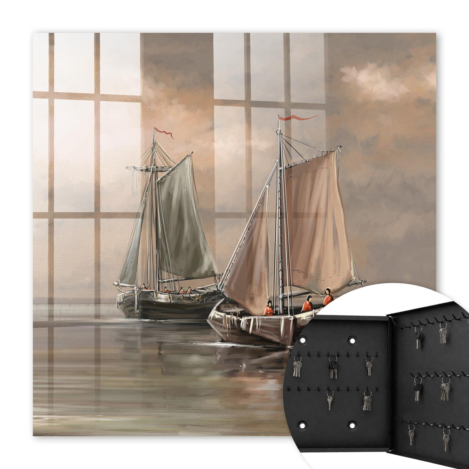 SCHLÜSSELBOX Schwarz 30x30 cm- Türöffnung nach rechts - Seesegelschiffe - Beige, Metall (30/30/5cm) - TULUP