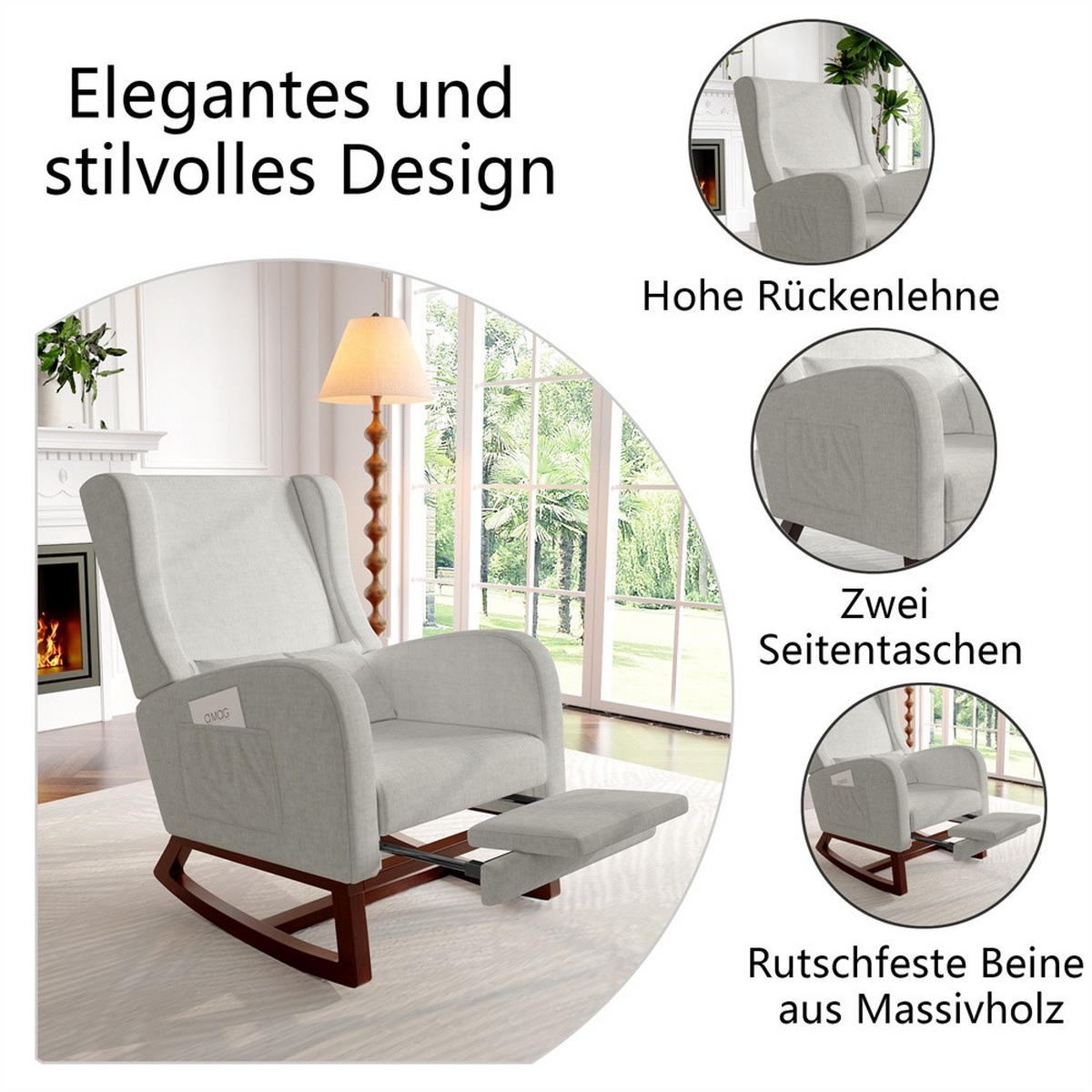 SCHAUKELSTUHL mit Armlehnen - Relaxsessel mit ausziehbarer Beinstütze und Kissen - Grau - Grau, Textil (64/99/67cm) - DELFA