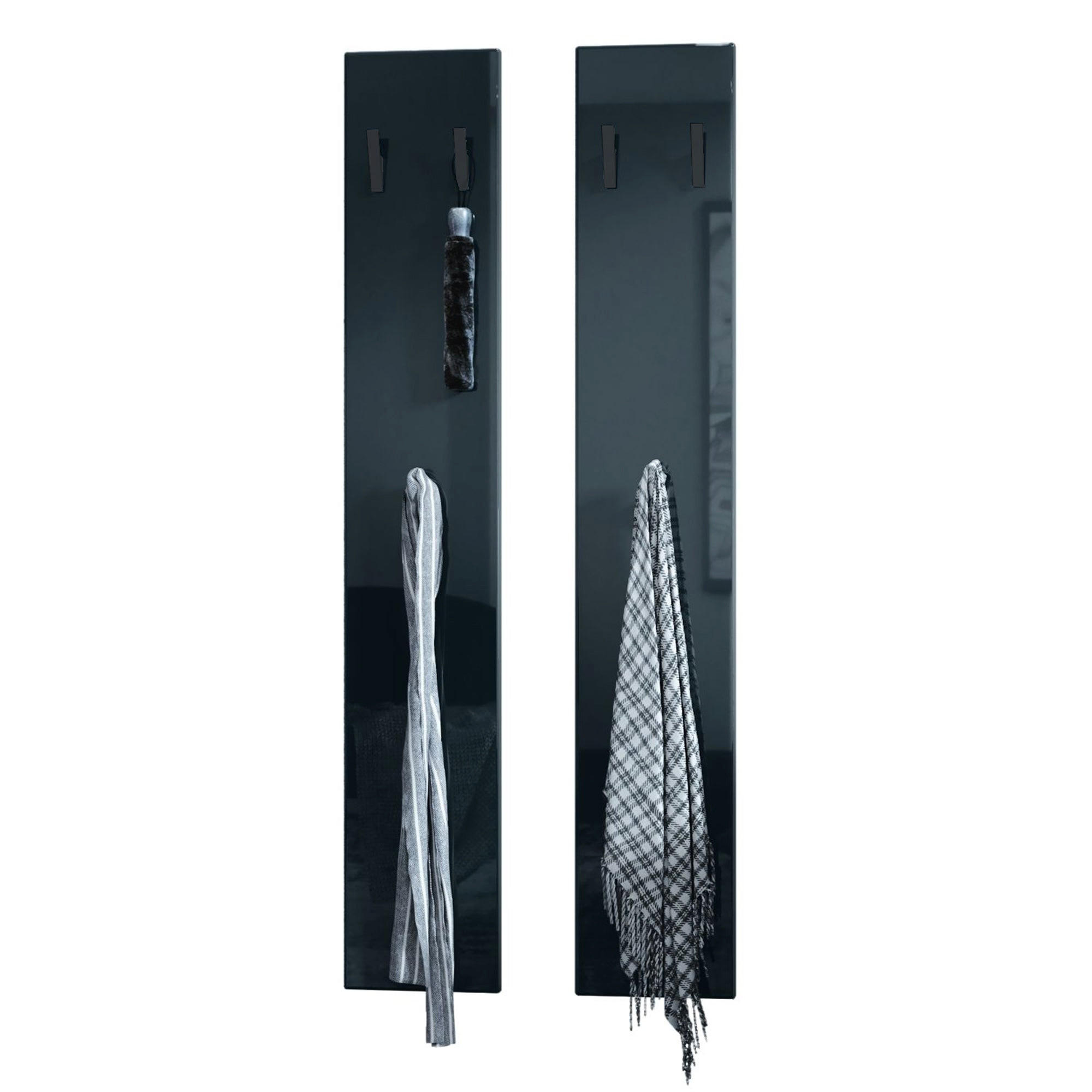 GARDEROBENPANEEL Roma M140, Moderne Wandgarderobe mit 6 Kleiderhaken, Made in Germany, Wandpaneel für Flur, Schwarz Hochglanz (24 x 140 x 2 cm) - Schwarz Hochglanz, Holzwerkstoff (24/140/2cm) - InnoFurn