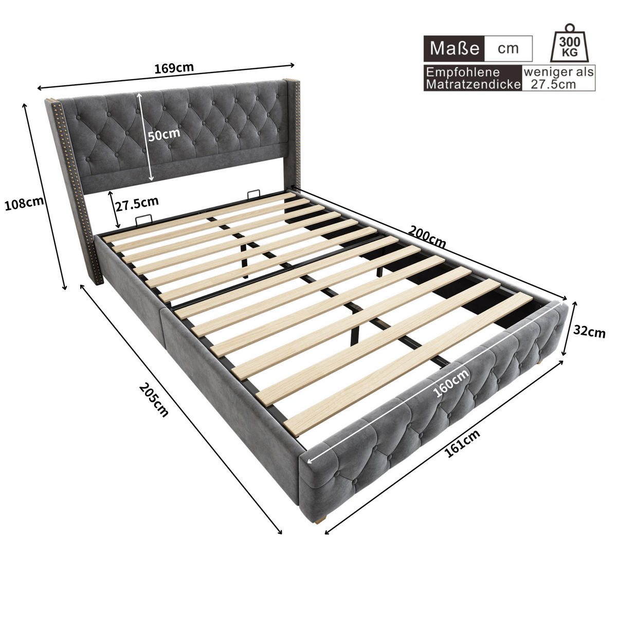 POLSTERBETT 160x200 Lattenrost Kopfteil Samt Grau Holzbeine - Grau, Textil (160/200cm) - FLIEKS