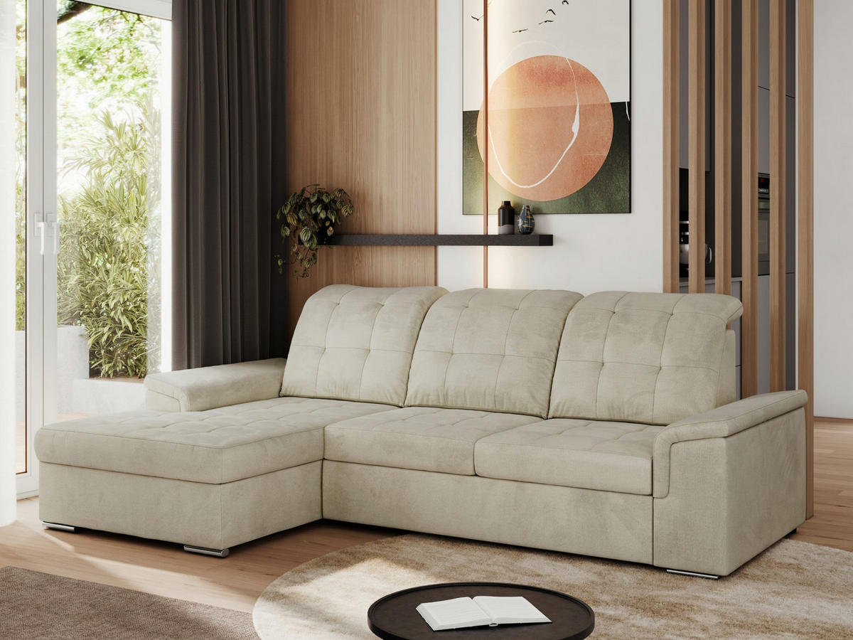 ECKSOFA MADRITO L - Beige Velorus - Links - Beige/Silberfarben, Textil/Metall (160/256cm)