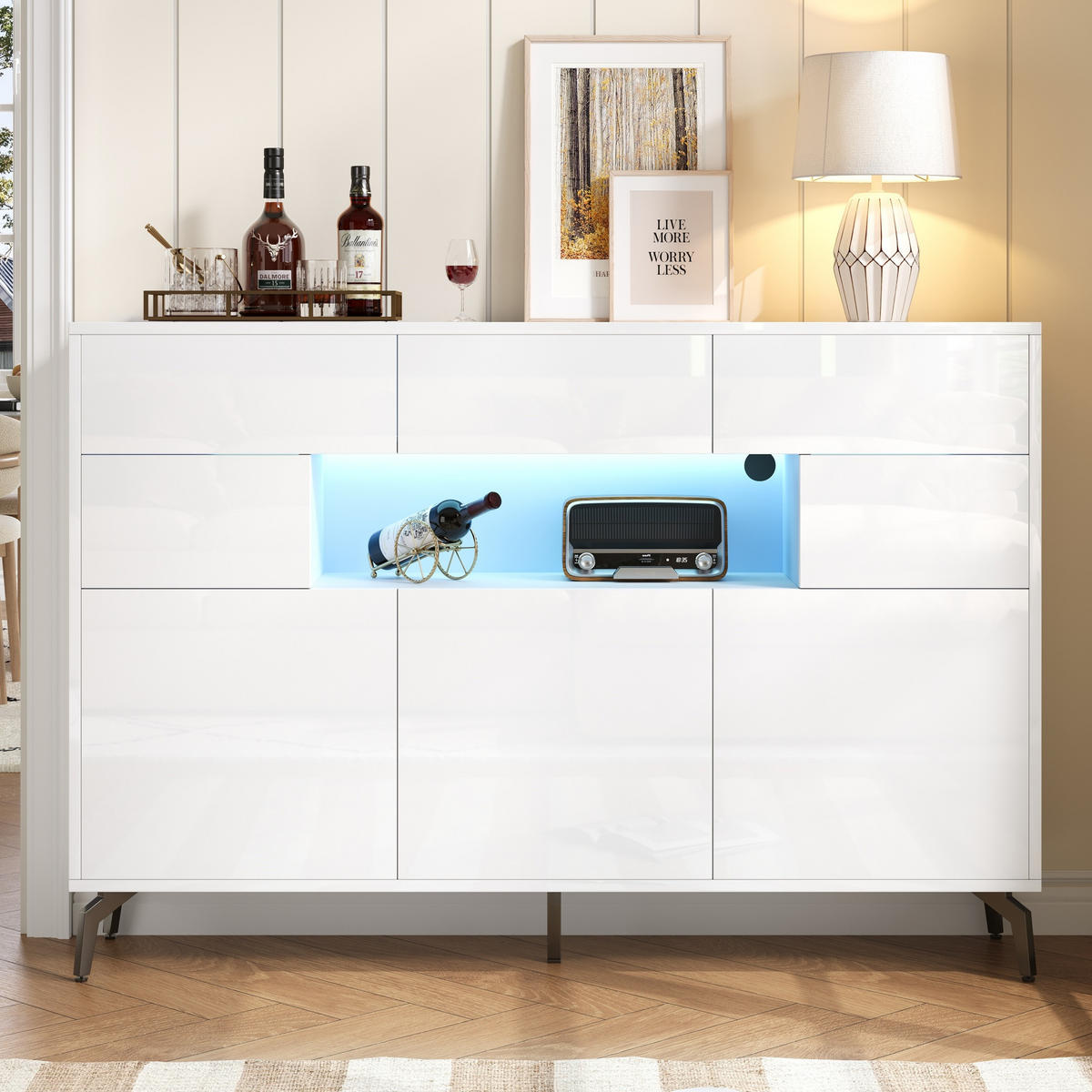 SIDEBOARD LED Weiß 3 Schubladen 5 Türen 140x30x94cm Hochglanz - Weiß, Holzwerkstoff (30/94/140cm) - FLIEKS