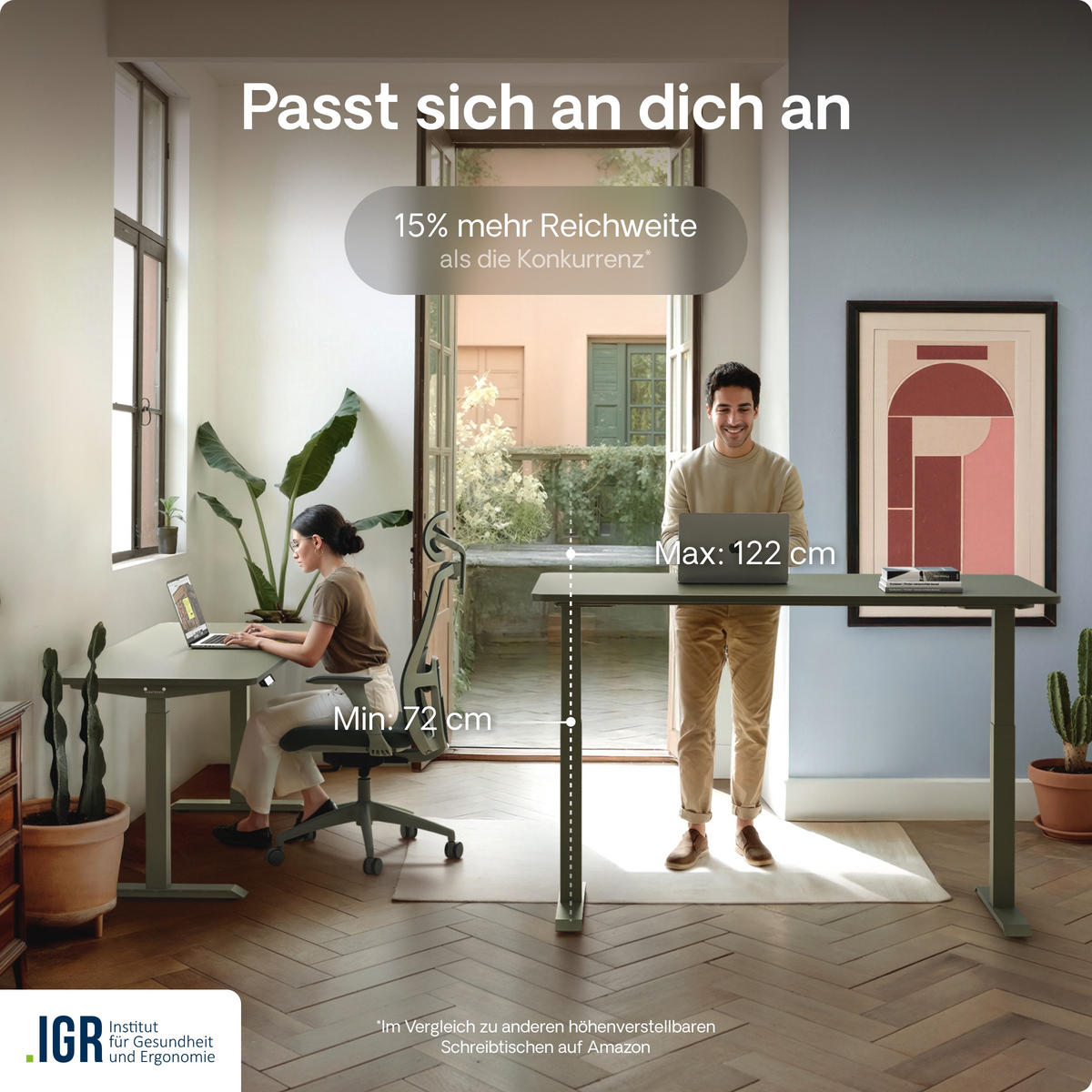 SCHREIBTISCH Elektrisch Höhenverstellbarer HomeOne 120x60cm Grün/Grün mit Memory-Funktion, Anti-Kollisions Technologie - Grün, Holzwerkstoff (60/120/72cm) - Desktronic