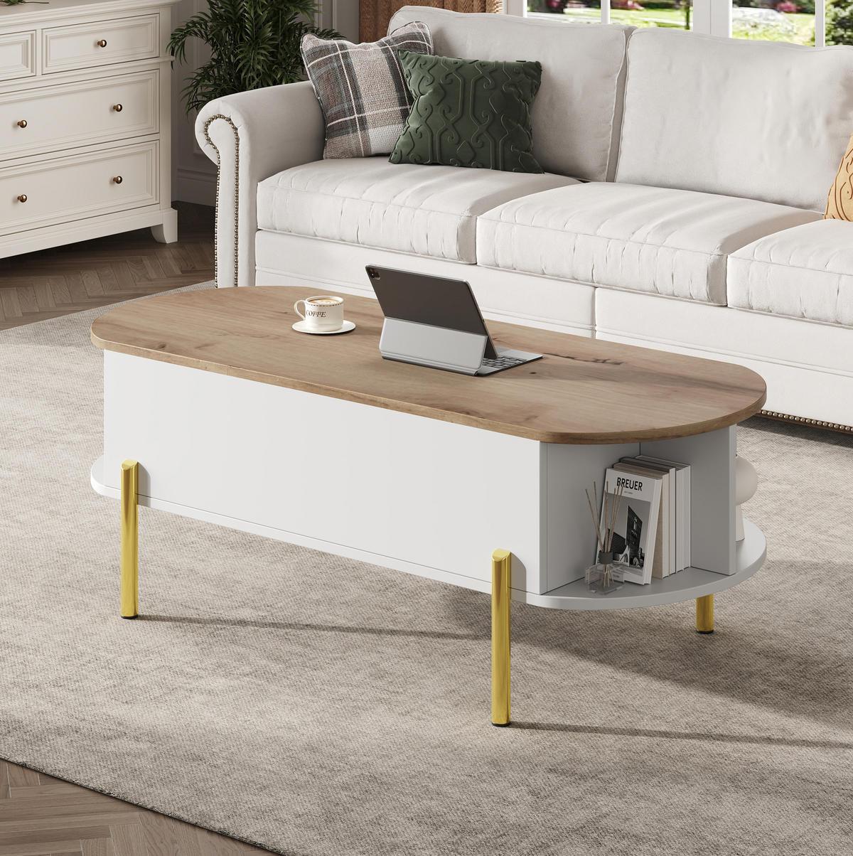 KONFERENČNÍ stolek 120/50/43 cm bílý z MDF se zvedací deskou a skrytým úložným prostorem - bílá, kompozitní dřevo (120/50/43cm) - OKWISH