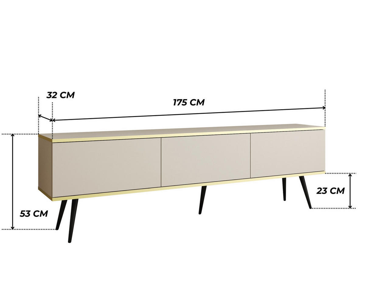 TV-LOWBOARD FORNO (Beige, Goldene Details, 3 Türen, schwarze Metallfüße, 175 cm) - Beige/Schwarz, Holz/Holzwerkstoff (175/53/32cm) - Ravio