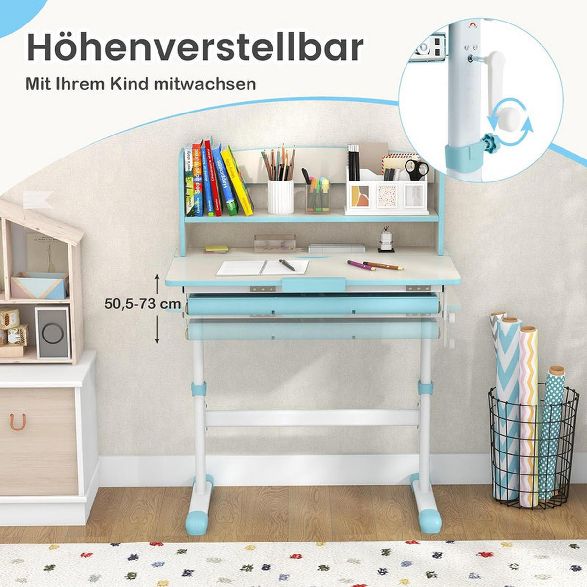 KINDERSCHREIBTISCH Höhenverstellbarer blau - Blau, Metall (80/81.5/51cm) - COSTWAY