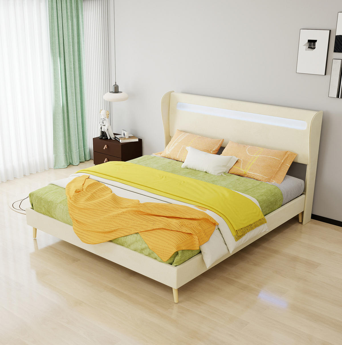 POLSTERBETT aus Stoff und Metall 160x200 cm Beige mit farbwechselnder LED-Beleuchtung - Beige, Textil (160/200cm) - IVMEU