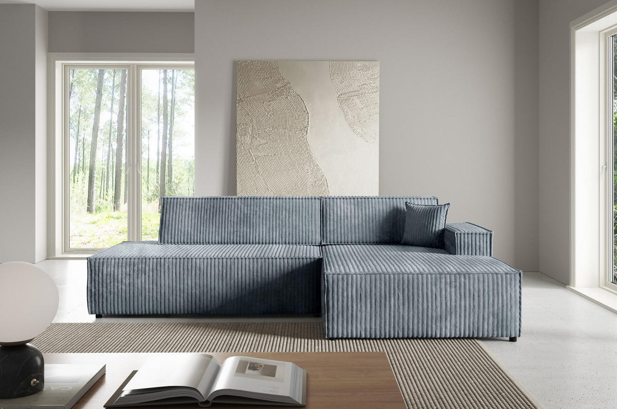 ECKSOFA TESSO R-S Grau Kordstoff mit Schlaffunktion - Grau, Holz (247/170cm) - MASSENO
