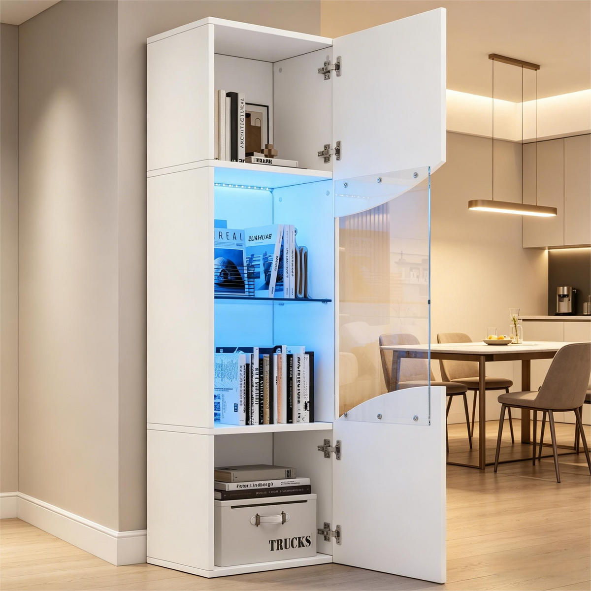 VITRINE LED Hochglanz Vitrinenschrank Glastüren 165cm Weiß - Weiß, Holzwerkstoff (35/165/50cm) - FLIEKS