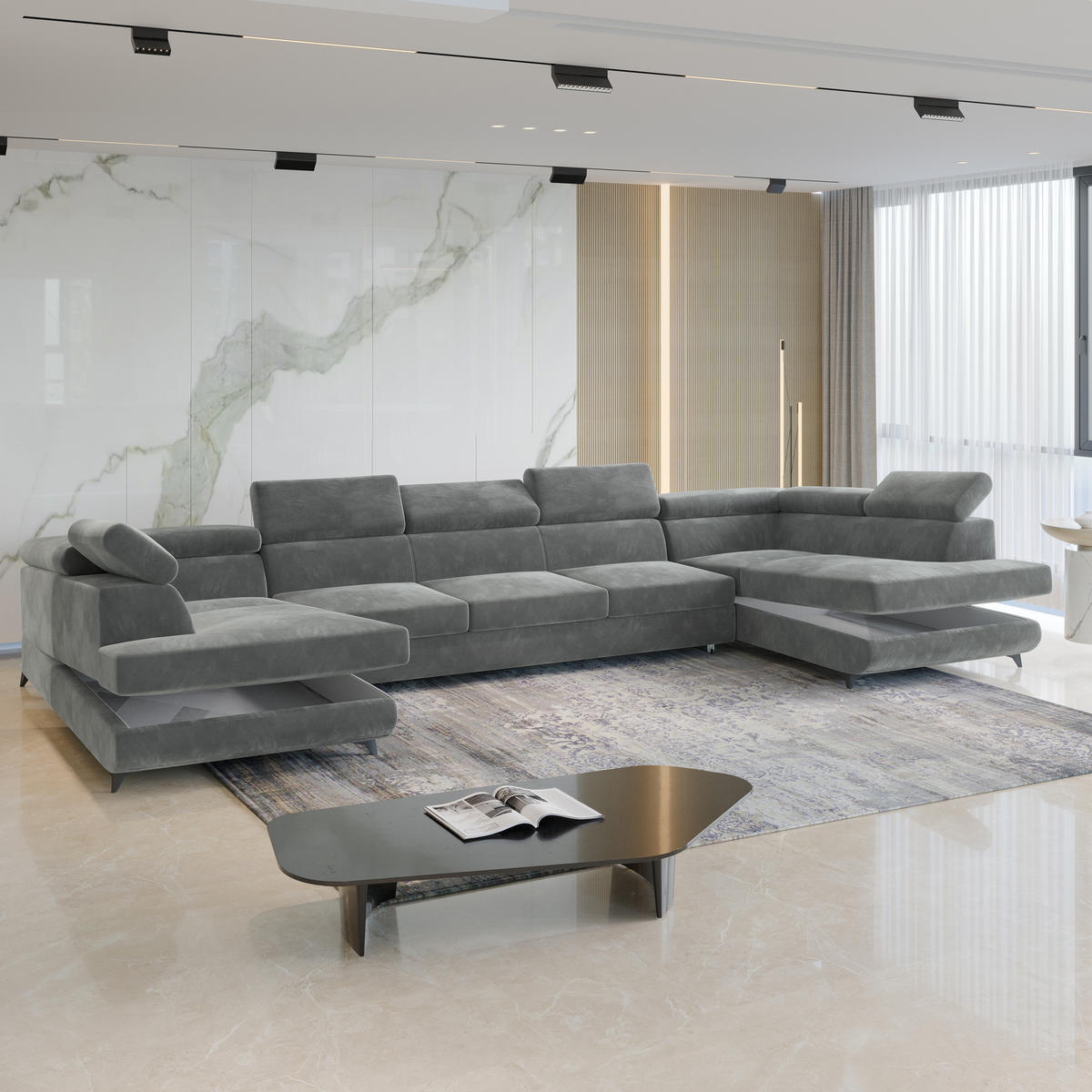 WOHNLANDSCHAFT URMANO Grau Velours-Stoff mit Schlaffunktion - Grau, Holz (395/89/190cm) - MASSENO