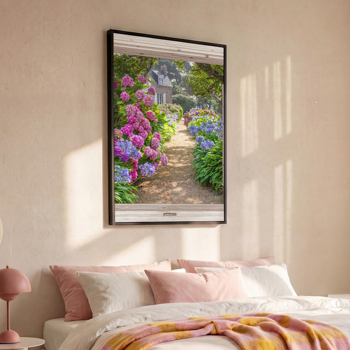 LEINWAND Bilder mit Rahmen - Hortensie - Durchsichtig - Blumen - Sommer - Lila - Weg - 80x120 - Lila, Textil (80/120cm) - MuchoWow