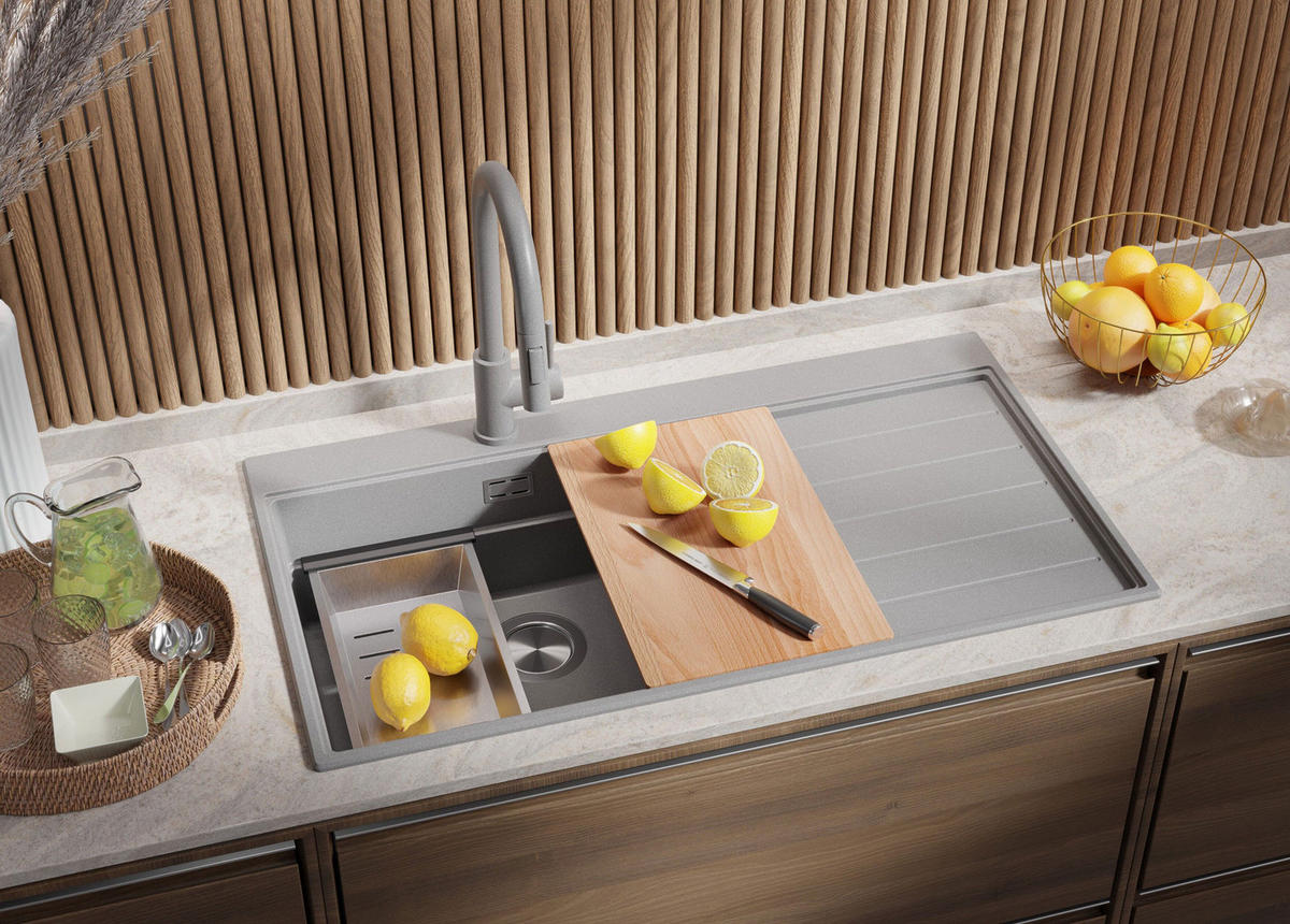 GRANITSPÜLE Sydney, 2-er set Grau 90/50 cm 1 Becken + Küchenarmatur 40/20 cm + Ablauf-Set + Küchenzubehörset ab 60er Unterschrank - Chromfarben/Beige, Kunststoff (90/20/50cm) - Primagran