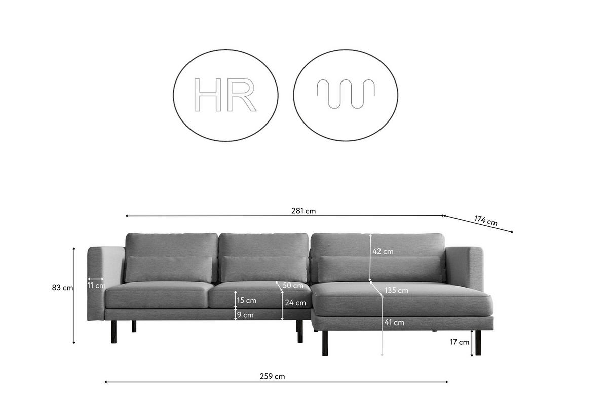 ECKSOFA L-form Dani Stoff Verita Stahl Rechts - Hellgrau, Holz (281/174cm) - Kaiser Möbel