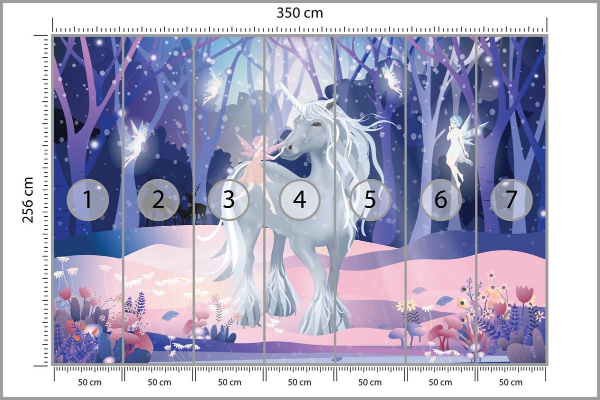 FOTOTAPETE für Kinderzimmer Einhorn Feen Magischer Wald 350x256 - Blau/Violett, Papier (350/256cm) - Muralo
