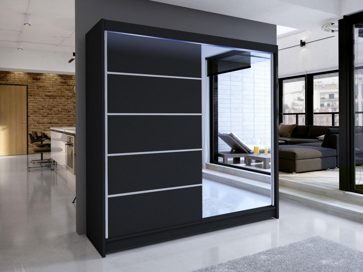 SCHWEBETÜRENSCHRANK Talin III, mit RGB LED Beleuchtung - Silberfarben/Schwarz, Holzwerkstoff/Metall (180/215/58cm) - MIRJAN24