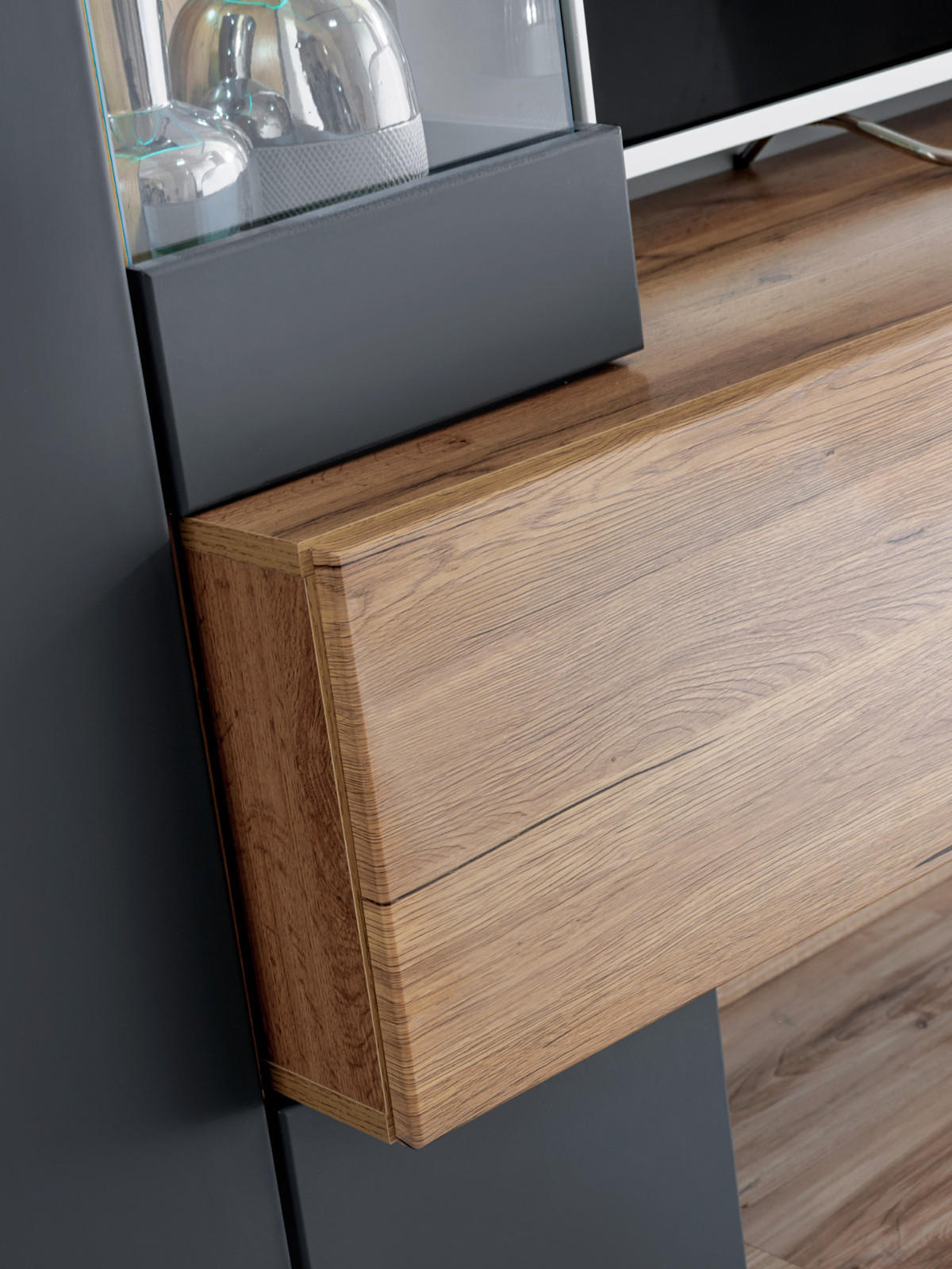 WOHNWAND anthrazit, Eiche Wotan 2-teilig 210 cm hängend, Komplettset mit LED und Push-to-Open - Anthrazit/Eiche Wotan, Glas/Holzwerkstoff (210/160/40cm) - Furn.Design