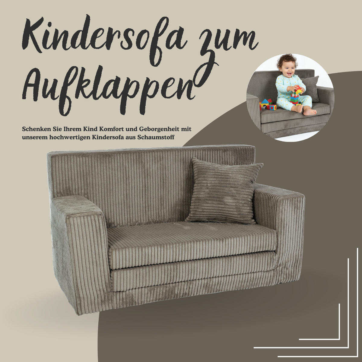 KINDERSOFA aus Kuschel-Cord in Braun - Braun, Textil (83/47/43cm) - Fortisline