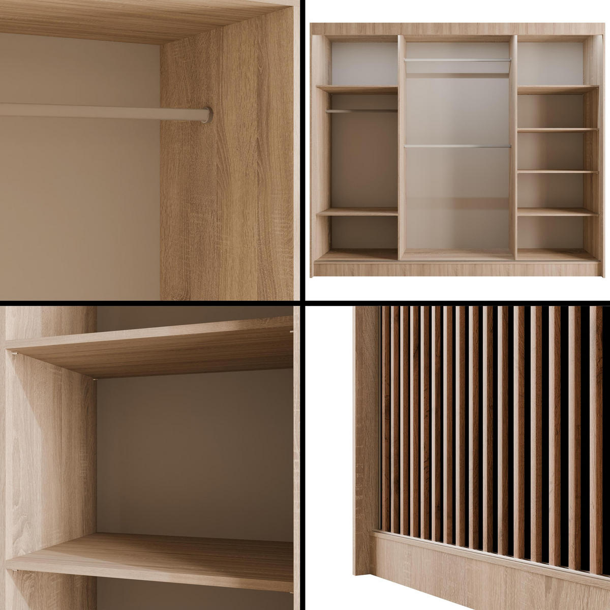 KLEIDERSCHRANK mit LED, Lamel-Schiebetüren VILANv2 - 250 cm Sonoma Eiche + Lamelle Eiche Wotan - Eiche Wotan/Sonoma Eiche, Holzwerkstoff (250/215/61cm) - ALTDECOR