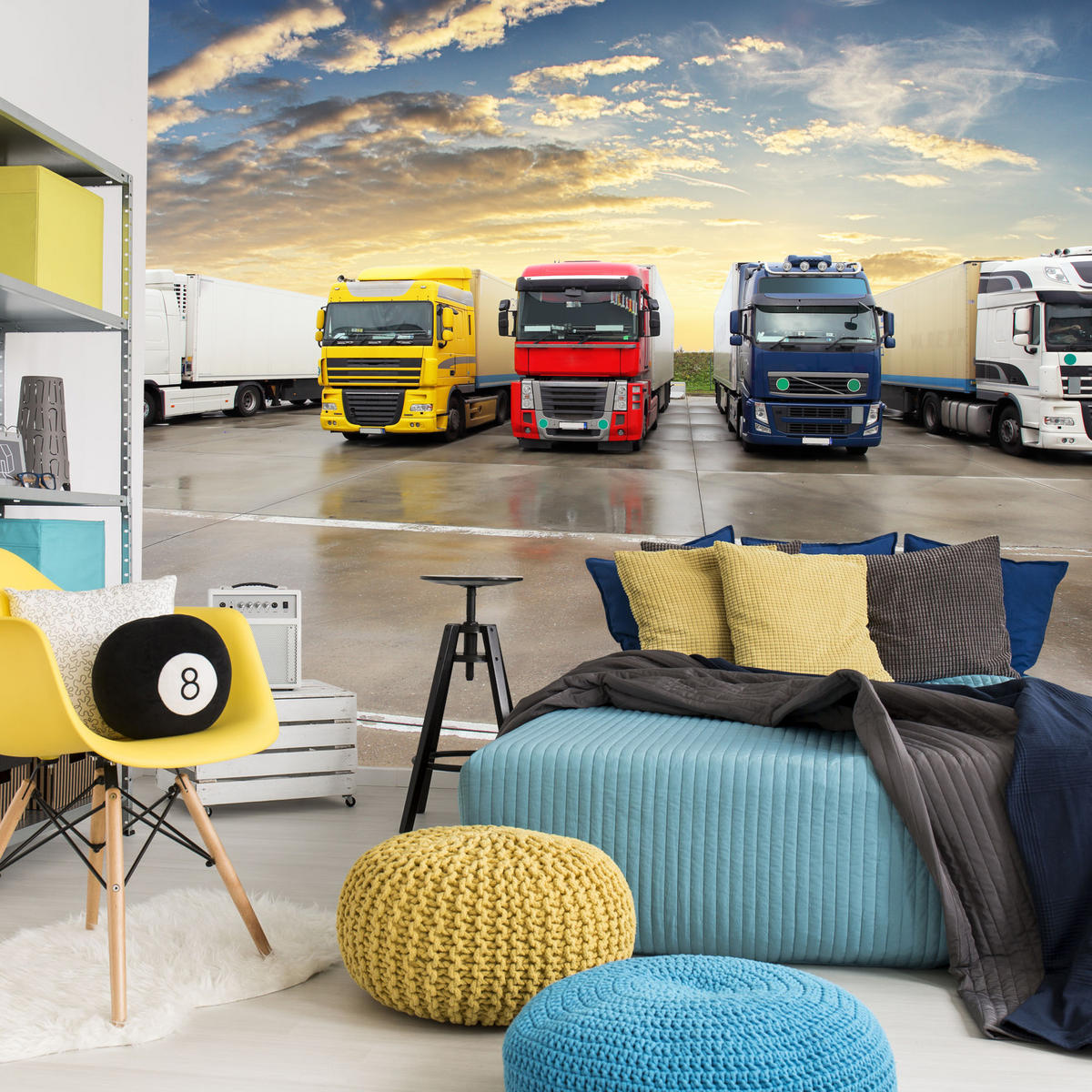 FOTOTAPETE für Wohnzimmer Lastwagen Parken Sonnenuntergang 400x280 - Gelb/Rot, Papier (400/280cm) - Muralo