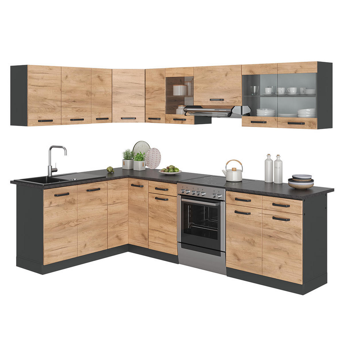 ECKKÜCHE Rick Anthrazit/Goldkraft Eiche 267 x 167 cm , AP Schwarz - Anthrazit/Eiche Wotan, Holzwerkstoff (270/81.6/60cm) - Vicco