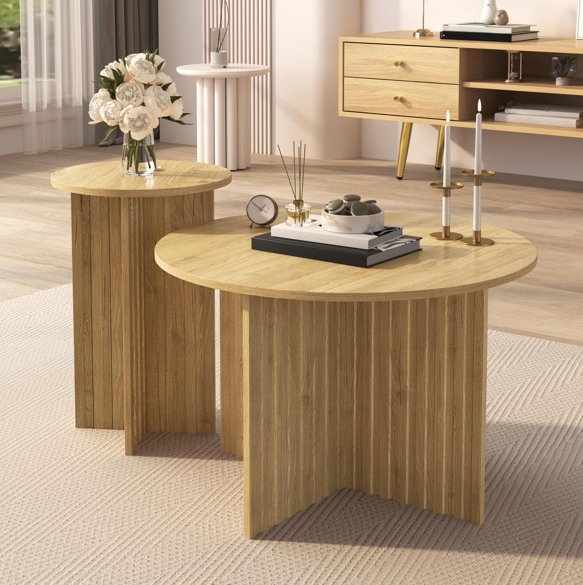 RUNDE Couchtische & Kaffeetische im skandinavischen Design 76/76/50 cm und 40/40/56,5 cm Naturfarben - Naturfarben, Holzwerkstoff (116/116/56.5cm) - Redom