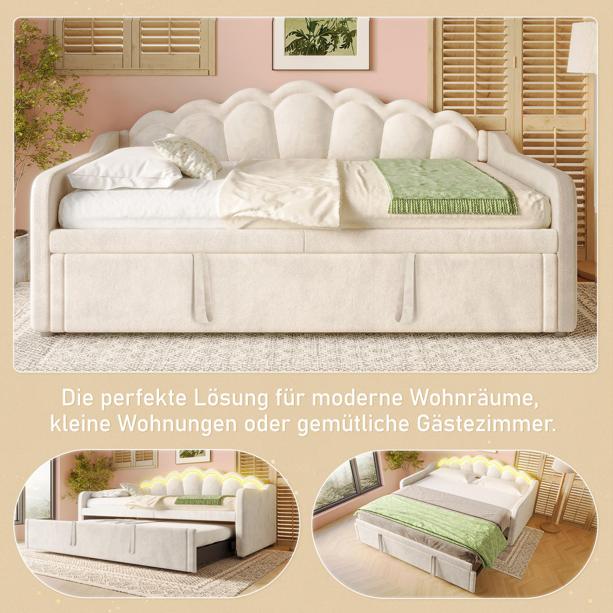 SCHLAFSOFA 90/200 cm & 90/200 cm in Beige Samt mit Ausziehbett und LED - Beige, Holzwerkstoff/Textil (90/200cm) - WISHDOR