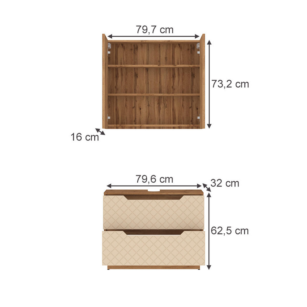 KOUPELNOVÝ NÁBYTEK Lotta Dub/kašmír se strukturou dlaždic - kašmírová/barva dubu, kompozitní dřevo (79.6/62.5/32cm) - Vicco