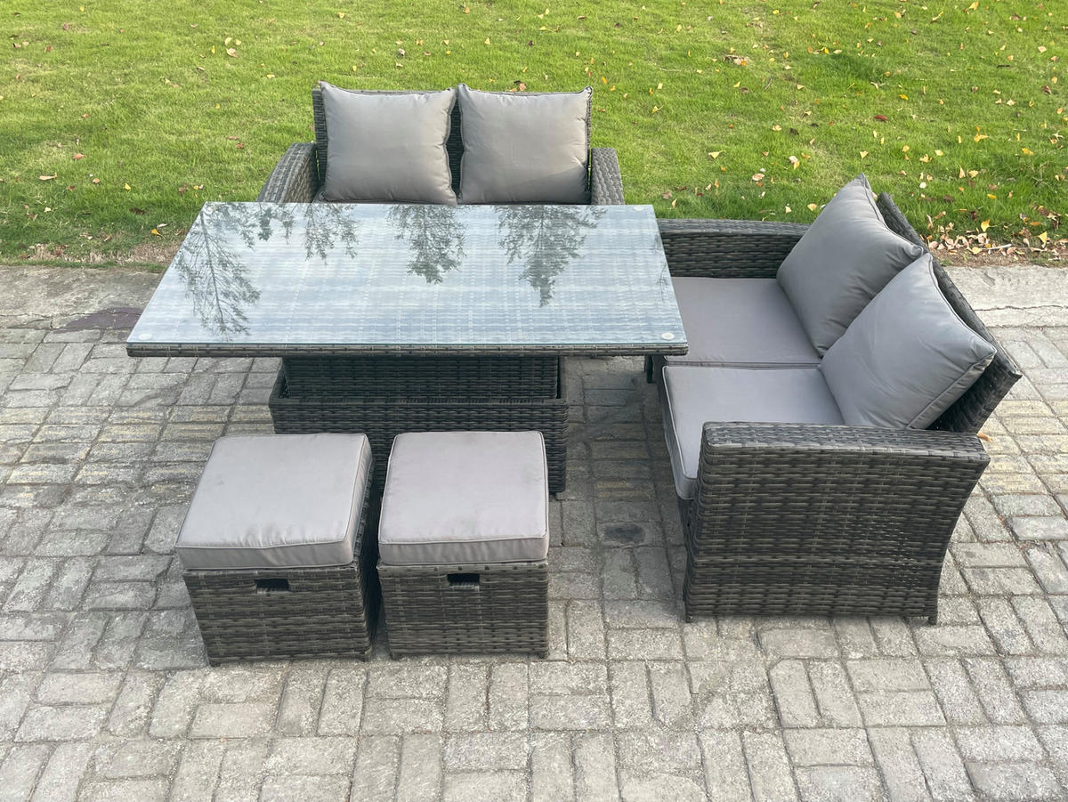 GARTENMÖBE-SET HÖHENVERSTELLBARER ESSTISCH SOFA MIT 2 KLEINEN HOCKER Polyrattan Dunkelgrau Gemischt 6-Sitzer - Dunkelgrau, Metall - Fimous