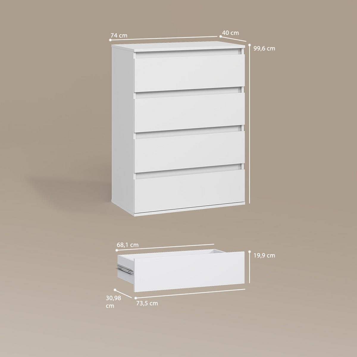 KOMMODE Garda Weiß 74 x 99.6 cm mit 4 Schubladen - Weiß, Holzwerkstoff (74/99.6/40cm) - Livinity®